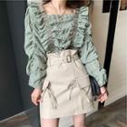Ruffled Square-neck Chiffon Top / Faux Leather A-line Mini Skirt