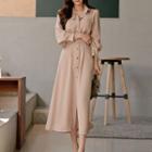 Long-sleeve Tie-waist Midi A-line Shirtdress