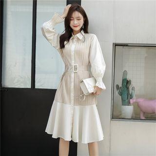 Long-sleeve Collared Panel Tie-waist Shirtdress