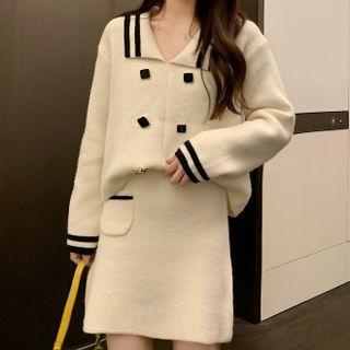 Set : Split-neck Long-sleeve Sweater + Skirt