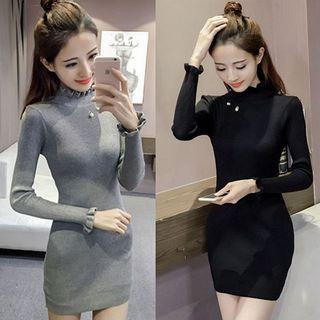 Frilled Neck Faux Pearl Knit Dress
