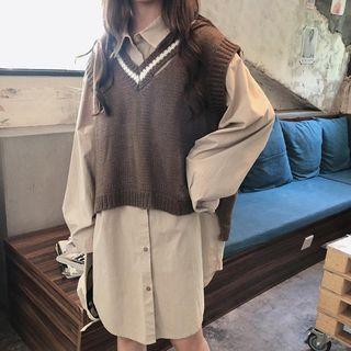 Plain Long-sleeve Loose-fit Shirt / Color-block Knit Vest
