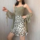 Spaghetti Strap Ruffled Top / Patterned A-line Mini Skirt / 3/4-sleeve Light Jacket