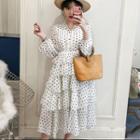 Polka Dot Long-sleeve Tiered A-line Midi Dress