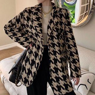 Set: Houndstooth Double-breasted Coat + Belt Set Of 2 - Coat & Belt - Houndstooth - Beige & Black - One Size
