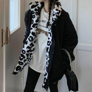 Leopard Print Faux Shearling Zip Jacket Black - One Size