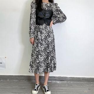 Floral Long-sleeve Midi A-line Dress / Camisole Top