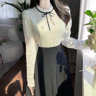 Tie-neck Chiffon-frilled Lace Blouse