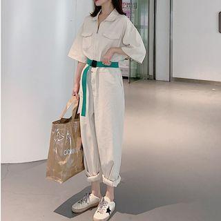 Elbow-sleeve Crop Straight Fit Jumpsuit