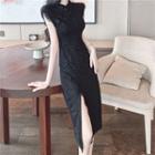 Cap-sleeve Lace-trim Plain Midi Dress