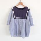 Bell-sleeve Striped Blouse Blue - One Size