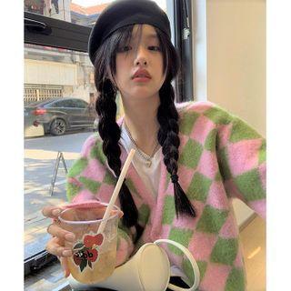 V-neck Argyle Loose-fit Cardigan Pink & Green - One Size
