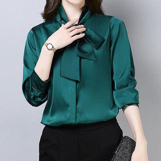 Long-sleeve Tie-neck Satin Shirt