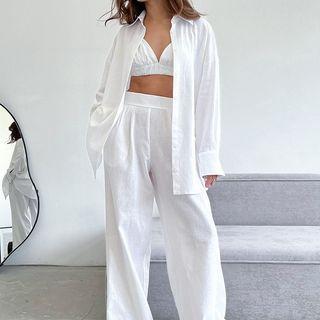 Set: Plain Shirt + Halter Bralette + Wide Leg Pants