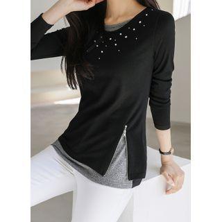 Inset Top Beaded Zip-hem T-shirt