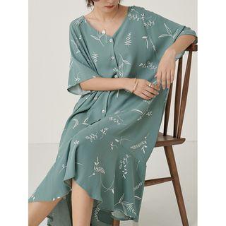 Leaf Print Elbow-sleeve Midi Chiffon Dress