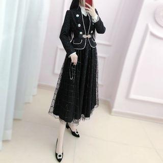 Set: Glitter Zip Jacket + Mesh Overlay Midi Pinafore Dress