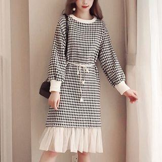Midi Mesh Panel Houndstooth Pullover Dress