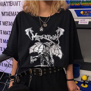 Elbow-sleeve Devil Print Shirt