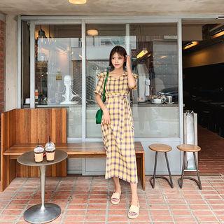 Capelet Maxi Plaid Dress With Sash