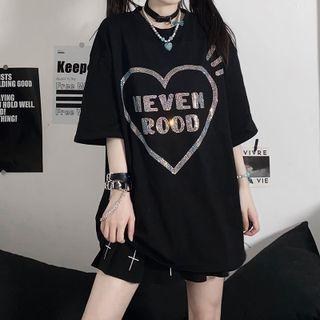 Short Sleeve Rhinestone Lettering T-shirt Black - One Size