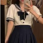 Sailor Collar Blouse / Pleated Mini A-line Skirt