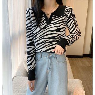 Long-sleeve Zebra Print Cropped Sweater Black - One Size