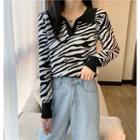 Long-sleeve Zebra Print Cropped Sweater Black - One Size
