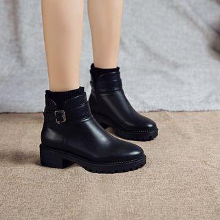 Buckled Block Heel Faux Leather Ankle Boots