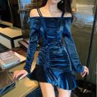 Cold Shoulder Drawstring A-line Mini Velvet Dress