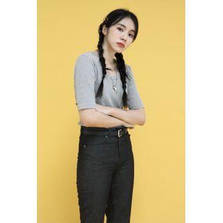 U-neck Slim Ribbed T-shirt Gray - One Size