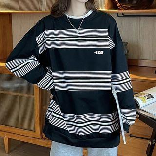 Round Neck Stripe Loose Fit Sweatshirt