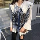Frilled Collar Blouse / Patterned Knit Vest