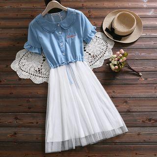 Mesh Panel Short-sleeve Denim Dress