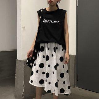 Lettering Tank Top / Dotted Asymmetric Hem Mid Skirt