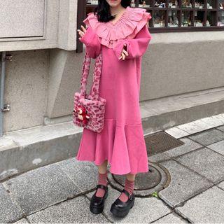 Flared Hem Midi Ruffled Pullover Dress Pink - One Size