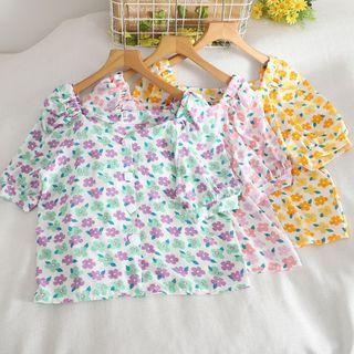Short-sleeve Floral Print Button-up Chiffon Top