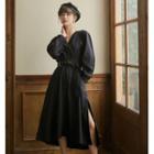 Balloon-sleeve V-neck Midi A-line Dress