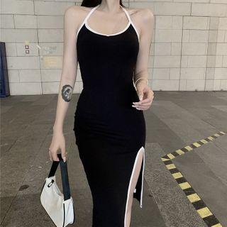 Sleeveless Contrast Trim Slit-side Dress