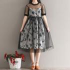Set: Short Sleeve Mesh Dress + Floral Print Spaghetti Strap Dress