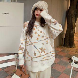 Round Neck Star Sweater White - One Size