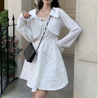 Long-sleeve Shrug / Spaghetti Strap Floral Dress