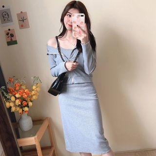 Set: Spaghetti Strap Plain Midi Dress + Zip-up Hooded Jacket