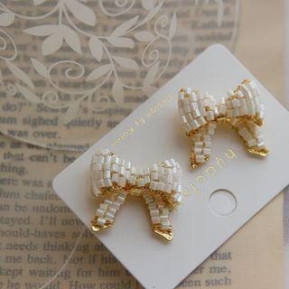 Bow Bead Alloy Earring 1 Pair - Gold & White - One Size