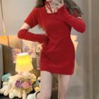 Set: Short-sleeve Strappy Knit Mini Sheath Dress + Arm Sleeves