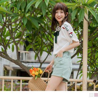 Flower Embroidered Bow Smocked Top