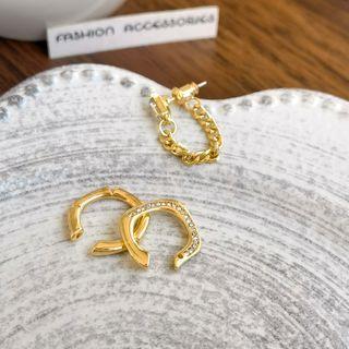 Set: Rhinestone Ear Cuff + Ear Cuff + Chain Stud Earring Set - Gold - One Size