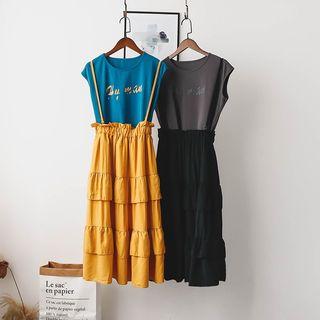 Set: Cap-sleeve T-shirt + Midi Suspender Skirt