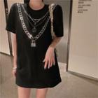 Rhinestone Chain Print Elbow-sleeve T-shirt