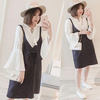 Set: Bell-sleeve Blouse + Pinstriped Spaghetti Strap Dress